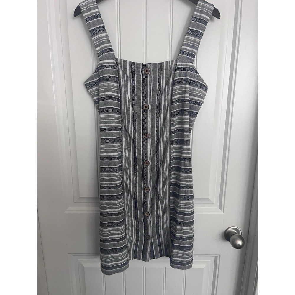 New. Roxy Black Gray Striped Tank Mini Dress Womens Large Button 436